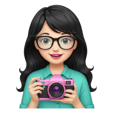 menina de cabelos pretos longos e ondulados, franjinha, óculos de grau preto, gloss rosa nos lábios, segurando uma câmera verde água, sorrindo sem mostrar os dentes, camisa verde musgo claro, emoji style sticker