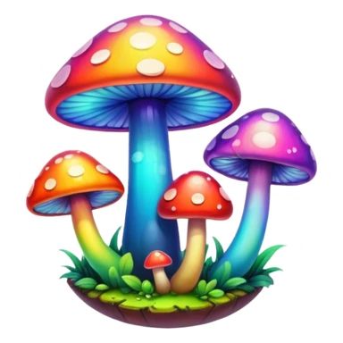 A round psychedelic colored button with bezeled edges and rainbow colored mushrooms sticker