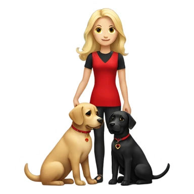 Blonde lady with long hair holding a black Labrador with a red collar  sticker