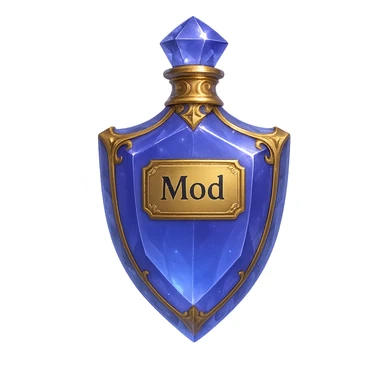 Premium class, extremely luxurious crystal elixir bottle in shield shape, color #7986cb, with inscription 'Mod', enhanced glow, edges, ornaments, golden details, subtle magical effects, unique shape accents, transparent background, beautiful seamless bottom, bottle clearly floating in air without base or shadow, very luxurious, modern, fits collection. sticker