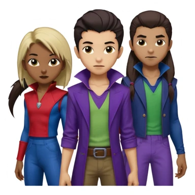 Solo poly platonic relationship, one African girl, one Asian boy, one biracial features Asian tomboy girl rat-tail hair long and upper masculine hair 90s, vampire and marvel cosplay elements inspired  use marvel race, like instead of obvious human, green purple blue etc,  sticker