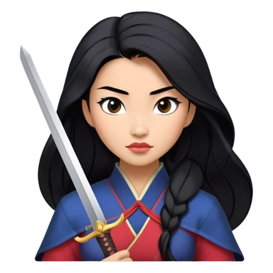 Cinematic Realistic Mulan Portrait, depicted with lifelike skin texture, soft natural lighting, and intricately detailed long black hair styled elegantly. Her deep, expressive eyes exude determination and grace, complemented by a serene yet confident expression. She stands with one hand resting on the hilt of her sword, the other by her side, exuding strength and poise. She is dressed in her classic attire, with rich fabric textures and delicate folds that catch the light beautifully. The portrait features a soft, enchanting glow with a natural, radiant finish, capturing the essence of timeless strength and beauty in a realistic and painterly style, evoking a sense of depth and authenticity. sticker