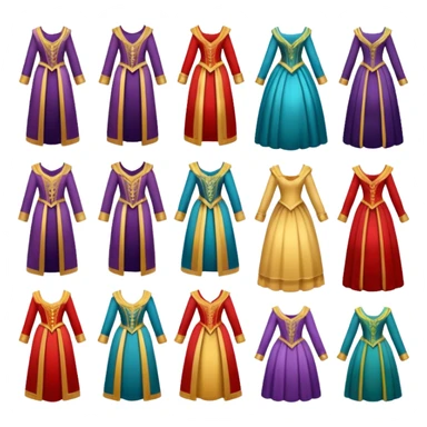 create a series of images for Theatre costumes Inventory showing a variety of costume styles without a person sticker