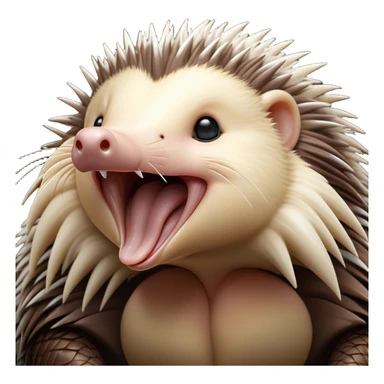 Cinematic Cute Yawning Echidna Portrait Emoji, Head tilted slightly with a dramatic, wide-open yawn, showcasing a soft, downy spiky fur with a slightly drooping snout and small, drowsy eyes, Simplified yet irresistibly adorable features, highly detailed, glowing with a soft, cozy glow, high shine, relaxed yet expressive, stylized with a touch of prickly whimsy, bright and endearing, soft glowing outline, capturing the essence of a sleepy yet affectionate echidna, so drowsy it feels like it could curl up out of the screen for a nap! sticker