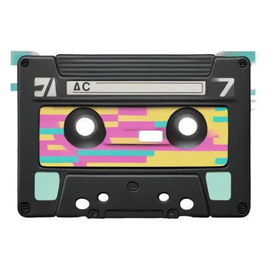 A VHS cassette in black with a retro label featuring pink, teal, and yellow diagonal stripes. Add a handwritten "Home Movies" label and a glowing grid background.   sticker
