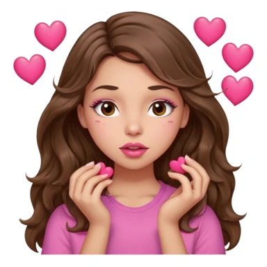 girl with long wavy brown hair, brown eyes, light to medium complexion, in a pink shirt, pink lips, long lashes, puckering lips kissing, blushing with hearts sticker