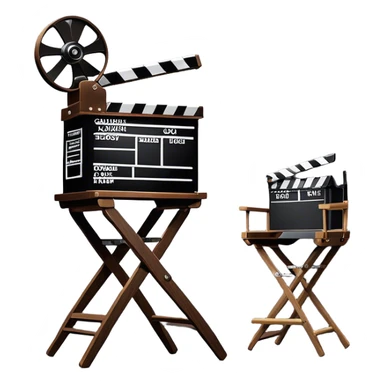 Icon for Directing: a director's chair, a film clapperboard, large movie camera and a stage with a spotlight. The icon should represent the creative and organizational aspects of directing, with focus on storytelling, staging, and performance. Transparent background. sticker