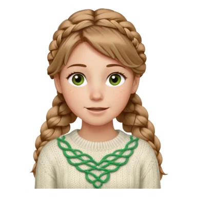 light brown hair blonde hair hazel/green eyes woman with a white cable knit sweater and one braid down her back  with tendrils of hair flowing down her face and she is happy pale, some freckles, blush. she has a cateye wing and long lashes sticker