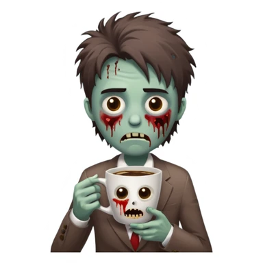 A cute but exhausted office worker character looking like a zombie, holding a giant cup of coffee, dark circles under eyes, messy hair, flat 2D vector art, white background, "Monday Vibes" text. cute sticker