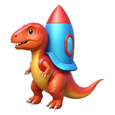 cute toy-like rocket-propelled dinosaur, rounded shapes, glossy texture, colorful rocket backpack, happy expression, 3D cartoon, mobile game icon style, clean background, no text, no watermark
 sticker