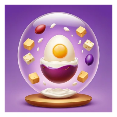 Floating orb of warm light containing mini bright icons: red meat, golden egg, purple beans, translucent tofu block and yogurt glass, slowly rotating around a radiant body figure that radiates strength and balance sticker