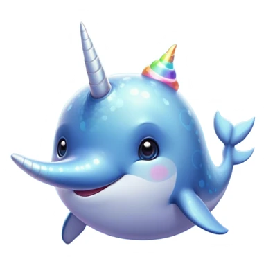 Cinematic Cute Cute Narwhal Portrait Emoji, Head tilted playfully and inquisitively, featuring a charming, sleek body with softly iridescent skin, a prominently spiraled tusk and large, twinkling eyes full of gentle wonder, Simplified yet irresistibly adorable features, highly detailed, glowing with a warm, inviting ocean glow, high shine, affectionate and lively, stylized with a touch of magical sea whimsy, soft glowing outline, capturing the essence of a mischievous yet endearing cute narwhal that seems as if it could frolic out of the screen into your heart! sticker