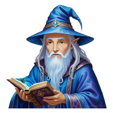 A luminescent enchanting Wizard stands beside a mystical spell book, his ethereal presence shimmering with otherworldly energy, each detail radiating with mystical power and ancient wisdom. The painting, a masterpiece of acrylic art, captures the Wizards hauntingly beautiful visage in exquisite detail. Swirls of cosmic colors dance around him, evoking a sense of celestial wonder, while intricate patterns of glowing runes adorn his intricate robe. The image is vivid and captivating, drawing viewers into a mesmerizing realm of fantasy and magic. sticker