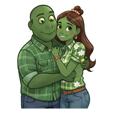 Big tall Man with brown mullet and tanned girl with short dark hair hugging sticker