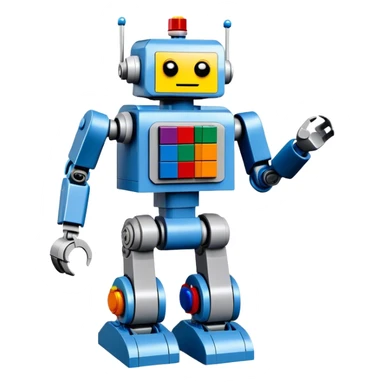 A big photorealistic icon featuring a detailed robot figure built from LEGO bricks, with intricate parts and colorful pieces. The design includes the LEGO logo subtly visible, with a focus on the craftsmanship and creativity of the build. Transparent background. sticker