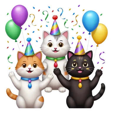 five cats cheering and clapping for one cat, birthday party scene, emoji style sticker