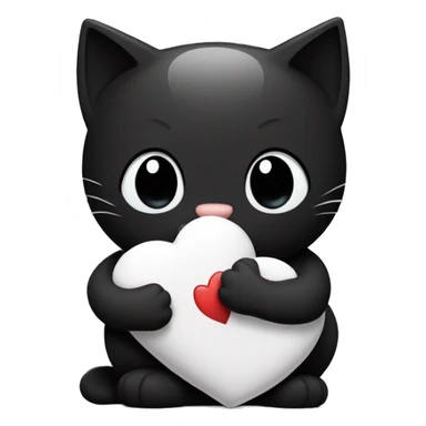 the black cat smiles sweetly and holds a white heart near its belly and hugs it sticker