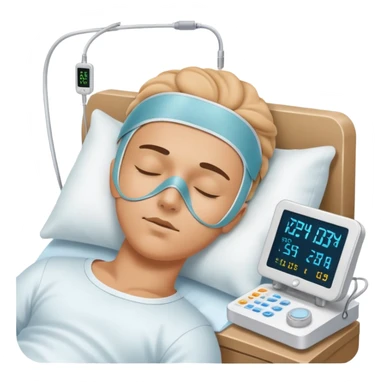 Sleep laboratory with sleep monitoring equipment, bed with person sleeping, brain wave monitors sticker