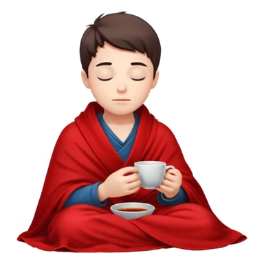 A European boy is sitting comfortably under a blanket, wrapped in a red blanket, drinking tea with his eyes closed. sticker