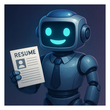 a recruiter robot with a tie, smiling, holding a resume, futuristic style sticker
