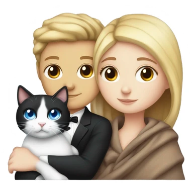 White girl with blue eyes snuggling with a tuxedo cat with a blanket sticker