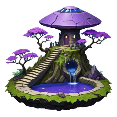 Crashed Alien saucer pool-castle jungle winding footpath mountainside getaway haunted nighttime landscape antique mudman very old broken cracked intricate Stone Age lapis-crusted irregular dodecagon-shaped shallow dark moss rough bark violet flowered maple treehouse bonsai sticker