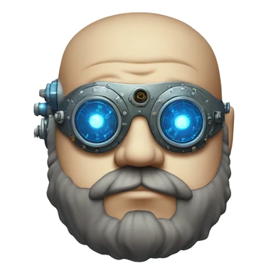 Bearded Fat bald cyborg head with tan skin, blue steampunk goggles and circuits sticker