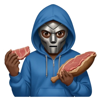 MF DOOM in a blue hoodie holding a piece of meat sticker