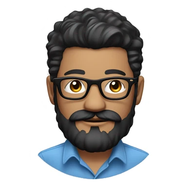  emoji of light skin man, black hair. blue button up shirt, black glasses, beard and mustache. tattoo of rose on right arm and apple watch sticker