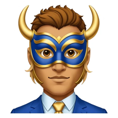 a man, with a Blue suit,  wear half-face golden Buffalo masquerade mask sticker