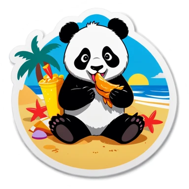 Panda eating chicken wings near beach  sticker