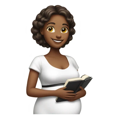 pregnant girl in a white dress holding an open photo album and looking at it with a smile sticker