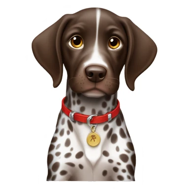 Brown spotted German short haired pointer puppy with ticking with red collar  sticker