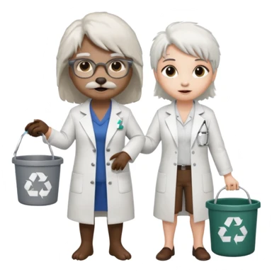 an woman otter picking up trash bins, next to a mad scientist sticker