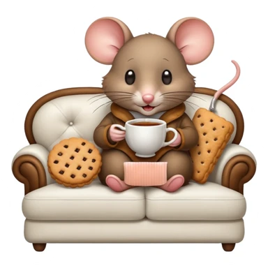 mouse on a white couch eating a biscuit with a hot cup of tea on the side  sticker