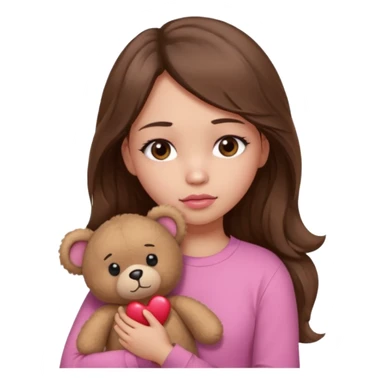 girl with long wavy brown hair, brown eyes, light to medium complexion, in a pink shirt, pink lips, long lashes, sad, hugging a teddy bear with a  heart sticker