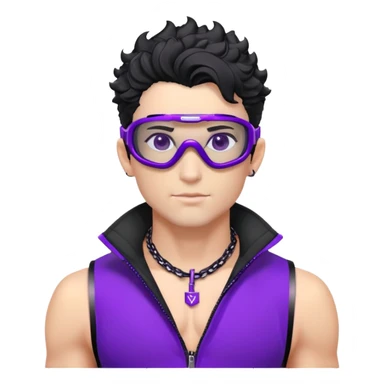 male athlete with white skin and moderately curly black hair on top with shaved sides, wearing ski goggles with purple frames and very dark black lenses, a simple plain black chain necklace, and an open shiny purple vest showing his chest and abs, no earrings sticker