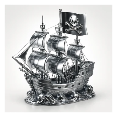 chrome style pirate ship on stormy seas with large flag showing chrome skull and crossed bones emblem, highly reflective metallic chrome style on ship and flag sticker