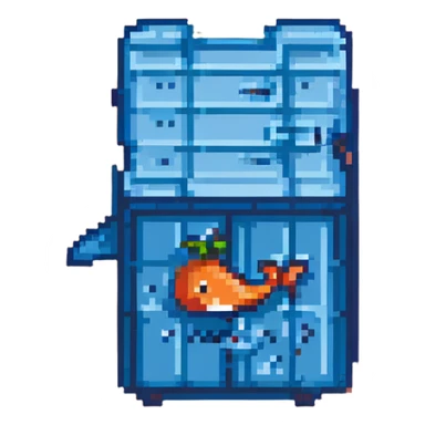 pixel art style blue shipping container with docker whale logo sticker