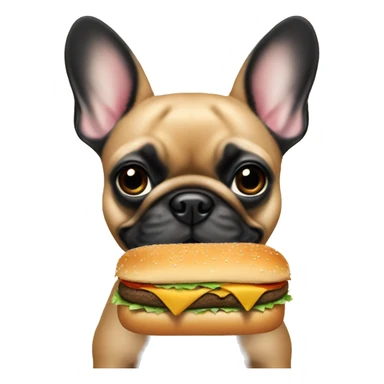 A fawn frenchie with a black snout eating a burger sticker