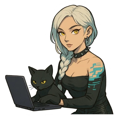  she is wearing armor, maximum power , except instead she's giving a victory salute, [[[except it's a black cat typing at a laptop]]], a closeup portrait of young woman with gold yellow eyes, white hair, long braid, black off-shoulder top d-cup, punk gothic style, futuristic cyberwave cyberpunk, sitting position
 sticker