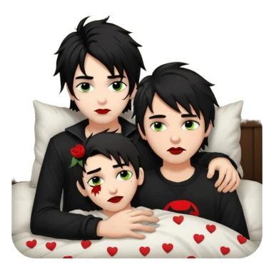 pale Goth boy with a bunch of face piercings, with shaggy dark brown hair, and messy black eyeliner , smudged, red, lipstick , having a slumber party with a tan gamer boy with long black hair  sticker