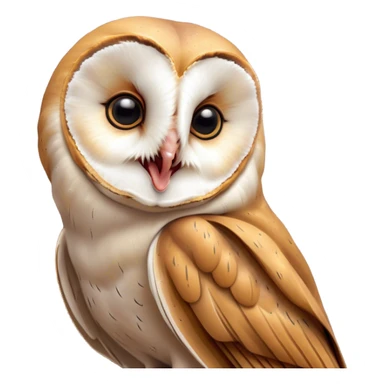 Cinematic Cute Yawning Barn Owl Portrait Emoji, Head tilted slightly with a dramatic, wide-open yawn, showcasing a soft, mottled plumage with subtle brown accents and gently drooping feathers, round amber eyes barely open in drowsy contentment, Simplified yet irresistibly adorable features, highly detailed, glowing with a soft, cozy glow, high shine, relaxed yet expressive, stylized with a touch of nocturnal whimsy, bright and endearing, soft glowing outline, capturing the essence of a sleepy yet affectionate owl, so drowsy it feels like it could glide out of the screen and curl up for a nap! sticker