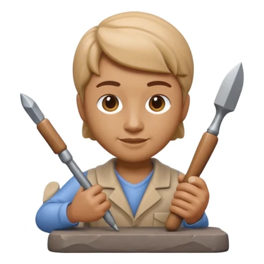Apple Memoji-style 3D emoji of a sculptor with a small statue and chisel, smooth gradients, rounded edges, no background.during sculpting sticker