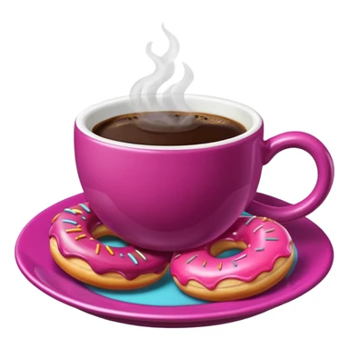 A steaming cup of coffee, magenta with a yellow butterfly print, sits on a magenta saucer with colorful donuts. sticker