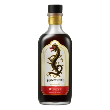clear bottle of rumpleminze peppermint alcohol with a black and red label that has a small gold dragon on the label sticker