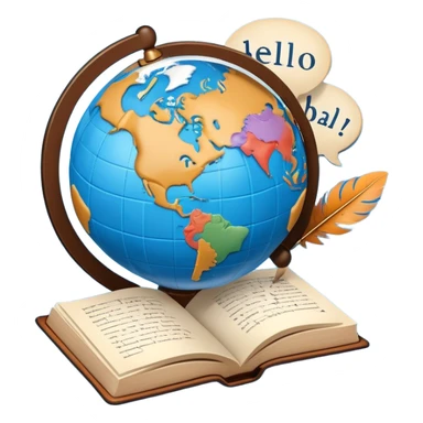 An icon showing a globe surrounded by speech bubbles with greetings in different languages, like 'Hello,' 'Hola,' and 'Bonjour.' The design includes an open book and a quill, symbolizing learning and communication. Transparent background emphasizes global connection through language. sticker