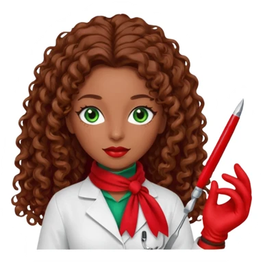 Lilith scalpel in hand, evil surgeon sexy surgeon clothes.  She has green  eyes. She brown long curly hair. Wears sexy doctor outfit with red gloves. Outfit is also red. hair is free and brown. Hides face by using a red scarf sticker