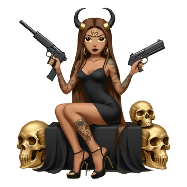 Sensual woman long brown straight haired sexy drug lord woman with tattoos on arm sleeves and black thick butt platform high heels on her feet, and devil black horns on her head, she is holding a skull head and a gun. Sitting on gold cases full of gold , long black dress with sexy slit sticker