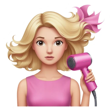 blonde woman in pink dress with pink Dyson hairdryer, hair blowing dramatically sticker